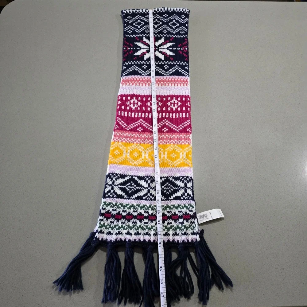 Old Navy Fair Isle Knit Scarf Multi-Color Tassel Fringe Snowflake Navy Pink